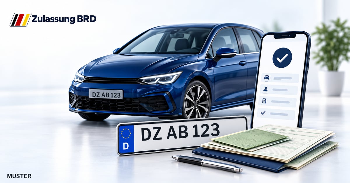 Online Fahrzeugzulassung in Delitzsch: Musterkennzeichen DZ AB 123, Auto und Fahrzeugpapiere und Smartphone. Illustration mit Logo von Zulassung BRD.